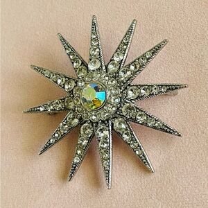 Monet Vintage 12 pt Starburst Brooch/ silver tone w/rhinestone /iridescent stone